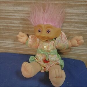 1991 Ace Novelty‎ Treasure Troll Doll Pink Hair Wishstone Floral Romper